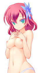 Rule 34 | 10s, 1girl, 3:, blue panties, blush, breast suppress, breasts, female focus, green eyes, hair ornament, hyonsan2, large breasts, looking at viewer, navel, nipples, no game no life, own hands clasped, own hands together, panties, panties only, red hair, short hair, simple background, solo, stephanie dora, topless, underwear, underwear only, white background, white panties