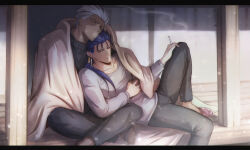 Rule 34 | 2boys, archer (fate), black pants, blanket, blue hair, cigarette, closed mouth, collarbone, commentary, cu chulainn (fate), english commentary, fate/grand order, fate (series), gravesecrets, grey eyes, grey sweater, highres, holding hands, knee up, male focus, multiple boys, pants, polka dot footwear, ponytail, shirt, short hair, slippers, smile, smoke, smoking, sweater, tan, white hair, white shirt, winter, yaoi