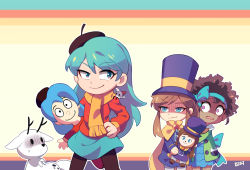 Rule 34 | 3girls, a hat in time, afro, alfur (hilda), beret, black legwear, blue bow, blue eyes, blue hair, bootleg, bow, bow kid, brick st, brown hair, cape, closed mouth, crossover, dark-skinned female, dark skin, green jacket, grey eyes, hand on own hip, hat, hat kid, highres, hilda, hilda (hilda), holding, holding stuffed toy, jacket, long hair, looking at another, multiple girls, nervous, open mouth, pantyhose, pleated skirt, purple eyes, raised eyebrow, scarf, shaded face, signature, simple background, skirt, smirk, smug, stuffed toy, sweatdrop, top hat, twig (hilda)
