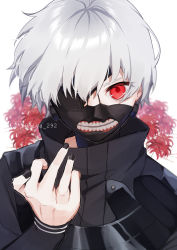 Rule 34 | 1boy, absurdres, bad id, bad pixiv id, black nails, collar, cracking knuckles, eyepatch, floral background, hair over one eye, highres, hinakano h, kaneki ken, long sleeves, looking at viewer, male focus, mask, nail polish, portrait, red eyes, short hair, solo, tokyo ghoul, upper body, white hair