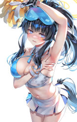 Rule 34 | 1girl, arm up, armpits, bare shoulders, black hair, blue archive, blue eyes, blue nails, blush, breasts, cheerleader, cleavage, crop top, dog tail, gloves, goggles, goggles on head, halo, hibiki (blue archive), hibiki (cheer squad) (blue archive), highres, holding, holding pom poms, large breasts, long hair, looking at viewer, midriff, millennium cheerleader outfit (blue archive), nail polish, navel, open mouth, pom pom (cheerleading), pom poms, ponytail, presenting armpit, sidelocks, simple background, single glove, skirt, solo, tail, thighhighs, tomose shunsaku, white background, white skirt