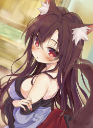 Rule 34 | 1girl, :o, animal ears, bad id, bad pixiv id, bare shoulders, blush, breasts, brooch, brown hair, dress, fingernails, imaizumi kagerou, indoors, jewelry, large breasts, long fingernails, long hair, looking at viewer, mirei, nail polish, red eyes, side ponytail, solo, tail, touhou, undressing, very long hair, wolf ears, wolf tail