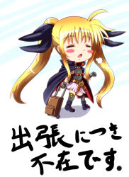 Rule 34 | 10s, 1girl, black gloves, black thighhighs, blonde hair, blush stickers, cape, chibi, closed eyes, diesel-turbo, fate testarossa, fate testarossa (movie 1st form), gloves, hair ribbon, long hair, luggage, lyrical nanoha, mahou shoujo lyrical nanoha, mahou shoujo lyrical nanoha the movie 1st, md5 mismatch, open mouth, ribbon, solo, thighhighs, twintails, watch, wristwatch