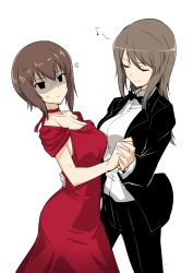 Rule 34 | 10s, 2girls, anger vein, black eyes, bow, bowtie, brown eyes, brown hair, choker, crossdressing, dancing, closed eyes, formal, girls und panzer, halcon, hand on another&#039;s back, highres, holding hands, long hair, mika (girls und panzer), multiple girls, musical note, nishizumi maho, pants, ribbon choker, shaded face, short hair, smile, suit, traditional bowtie