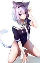 Rule 34 | 1girl, absurdres, adapted costume, ahoge, animal ears, bad id, bad pixiv id, bare legs, barefoot, blush, breasts, cat ears, cat tail, commentary, full body, hair between eyes, hairband, highres, hololive, kneeling, looking at viewer, medium breasts, nanashinayuzu mochi, nekomata okayu, nekomata okayu (casual), one-piece swimsuit, open mouth, purple eyes, purple hair, purple one-piece swimsuit, purple shirt, sailor collar, school swimsuit, school uniform, serafuku, shirt, short hair, short sleeves, simple background, solo, swimsuit, swimsuit under clothes, tail, virtual youtuber, wet, wet hair, white background, white neckwear