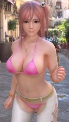 Rule 34 | 3d, absurdres, belt, bikini, bracelet, breasts, buckle, cleavage, dead or alive, dead or alive 5, heart, heart-shaped buckle, heart necklace, highres, honoka (doa), jewelry, large breasts, lipstick, long hair, makeup, navel, necklace, outdoors, pink bikini, pink hair, red eyes, swimsuit, tagme