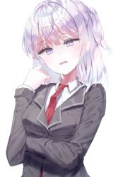 Rule 34 | 1girl, bad id, bad pixiv id, blush, breasts, collared shirt, commentary, dress shirt, grey jacket, hand up, head tilt, highres, jacket, long sleeves, looking at viewer, medium breasts, mole, mole under eye, necktie, one side up, original, parted lips, purple eyes, purple hair, qlakwnd, red necktie, shirt, simple background, solo, upper body, white background, white shirt