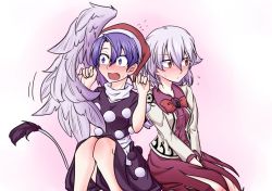 Rule 34 | 2girls, benizuwai, between legs, blush, bow, bowtie, doremy sweet, dress, embarrassed, flying sweatdrops, hand between legs, hat, jacket, kishin sagume, knees up, multiple girls, nightcap, nose blush, open clothes, open jacket, open mouth, pink background, pom pom (clothes), red bow, red bowtie, short hair, single wing, sitting, sweat, tail, tapir tail, touhou, white jacket, wing hug, wings, yuri