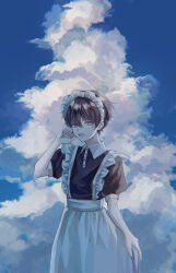 Rule 34 | 1boy, :d, absurdres, apron, black dress, black hair, blue sky, cloud, collared dress, commentary, cowboy shot, crossdressing, day, dress, fingernails, frilled apron, frills, grey eyes, hair between eyes, hand up, highres, looking at viewer, looking to the side, maid, maid apron, maid headdress, male maid, open mouth, original, outdoors, short hair, short sleeves, sky, smile, solo, sosaku 25, white apron