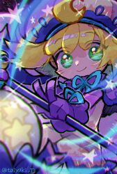 Rule 34 | 1girl, amitie (puyopuyo), blonde hair, blue ribbon, capelet, chromatic aberration, closed mouth, commentary, crescent, crescent hair ornament, doradorakingyo, facial mark, gloves, green eyes, hair ornament, holding, holding staff, lantern, long sleeves, looking at viewer, pink headwear, purple capelet, purple gloves, puyopuyo, puyopuyo fever, puyopuyo quest, ribbon, short hair, smile, solo, staff, star (symbol), symbol-only commentary, whisker markings