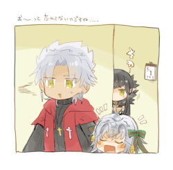 Rule 34 | 1boy, 2girls, amakusa shirou (fate), black hair, blush, calendar (object), check translation, dark skin, earrings, fate/grand order, fate (series), hair ornament, jeanne d&#039;arc alter santa lily (fate), jewelry, long hair, madide, motion lines, multiple girls, notice lines, open mouth, peeking out, semiramis (fate), sweatdrop, translation request