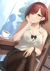 Rule 34 | 1girl, armrest, bare shoulders, black pantyhose, bra, bra peek, breasts, brown hair, cafe, cleavage, closed mouth, crossed legs, cup, dutch angle, earrings, highres, higuchi madoka, idolmaster, idolmaster shiny colors, jewelry, looking at viewer, medium breasts, nail polish, pantyhose, red eyes, saucer, short hair, shougun (chuckni1), silhouette, sitting, sleeveless, solo focus, teacup, underwear