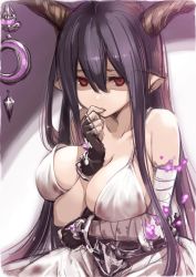 Rule 34 | 10s, 1girl, arm between breasts, bad id, bad twitter id, bare shoulders, between breasts, black hair, blood, blood on clothes, bloody dress, breasts, cleavage cutout, clothing cutout, danua, demon girl, demon horns, draph, dress, fingerless gloves, gloves, granblue fantasy, hand to own mouth, highres, horns, huge breasts, image sample, inou shin, large breasts, looking at viewer, md5 mismatch, nervous, original, pointy ears, red eyes, resized, solo, white dress