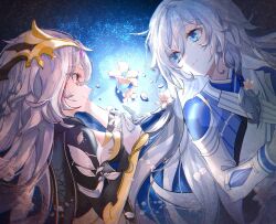 Rule 34 | 2girls, armor, baigeo, black background, blue background, blue eyes, chinese commentary, closed mouth, commentary request, dual persona, flower, fu hua, fu hua (azure empyrea), fu hua (herrscher of sentience), fu hua (taixuan impression), grey hair, highres, honkai (series), honkai impact 3rd, long hair, looking at another, lying, multicolored background, multicolored hair, multiple girls, on back, red eyes, smile, white flower, white hair