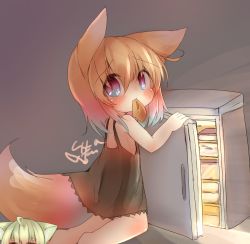 Rule 34 | 1girl, animal ears, black camisole, blonde hair, blush, camisole, commentary request, eating, food, fox ears, fox tail, highres, kneeling, mouth hold, no pants, original, pink eyes, refrigerator, short hair, solo, sunapua, tail