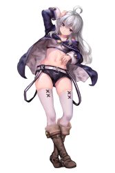 Rule 34 | 1girl, ahoge, belt, boots, bustier, coat, full body, geureong geureong, hand on own head, highres, long hair, looking at viewer, purple eyes, short shorts, shorts, solo, standing, thighhighs, white background, white hair, white thighhighs, zero (zero kara hajimeru mahou no sho), zero kara hajimeru mahou no sho