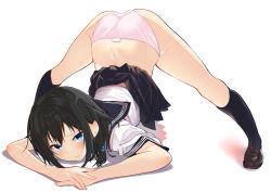 1girl black_hair black_sailor_collar black_skirt black_socks blue_eyes blush brown_footwear cac_itinose closed_mouth full_body hair_between_eyes highres jack-o&#039;_challenge loafers looking_at_viewer original panties panty_tag pink_panties pleated_skirt sailor_collar school_uniform serafuku shirt shoes short_sleeves skirt socks solo tag top-down_bottom-up underwear white_background white_shirt