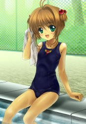 Rule 34 | 1990s (style), 1girl, :d, blush, brown hair, cardcaptor sakura, chain-link fence, child, fence, flat chest, green eyes, hair bobbles, hair ornament, kinomoto sakura, kodansha, looking at viewer, mutsuki (moonknives), one-piece swimsuit, open mouth, outdoors, pool, poolside, retro artstyle, school swimsuit, sitting, smile, soaking feet, solo, swimsuit, towel, twintails, wet