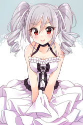 Rule 34 | 10s, 1girl, :o, breasts, cleavage, cross-laced clothes, dress, drill hair, eyebrows, fidgeting, hair ribbon, idolmaster, idolmaster cinderella girls, kanzaki ranko, layered dress, looking at viewer, medium breasts, red eyes, ribbon, silver hair, solo, trente, twin drills, v arms, white dress