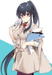 Rule 34 | 1girl, beige coat, black hair, black pantyhose, black skirt, blue background, coat, commentary request, cowboy shot, dolphin, ichinomiya (blantte), kantai collection, long hair, looking at viewer, map (object), one-hour drawing challenge, pantyhose, ponytail, red eyes, sidelocks, skirt, smile, solo, stuffed animal, stuffed dolphin, stuffed toy, two-tone background, white background, yahagi (kancolle)