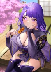 Rule 34 | 1girl, :t, architecture, armor, black thighhighs, blurry, blurry background, breasts, bridal gauntlets, cherry blossoms, closed mouth, dango, east asian architecture, food, genshin impact, hand on own face, hands up, highres, holding, holding food, japanese clothes, kimono, large breasts, long hair, looking at viewer, obi, off shoulder, outdoors, purple eyes, purple hair, purple kimono, raiden shogun, raised eyebrows, sash, shoulder armor, shrug (clothing), sitting, solo, sparkling eyes, thighhighs, thighs, tree, vision (genshin impact), wagashi, yumeto (ym-1)