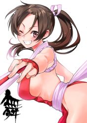 Rule 34 | 1girl, bare shoulders, breasts, brown hair, fatal fury, grin, hand fan, highres, holding, japanese clothes, large breasts, long hair, looking at viewer, ninja, one eye closed, ponytail, revealing clothes, sakurai ato, shiranui mai, sideboob, smile, solo, the king of fighters, white background
