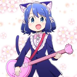 Rule 34 | 10s, 1girl, animal ears, bad id, bad pixiv id, bell, blue eyes, blue hair, blush, bow, cat ears, cat tail, cyan (show by rock!!), dress, drill hair, fang, guitar, heart, instrument, jingle bell, maid headdress, matching hair/eyes, nekotoufu, short hair, show by rock!!, smile, solo, strawberry heart (show by rock!!), tail