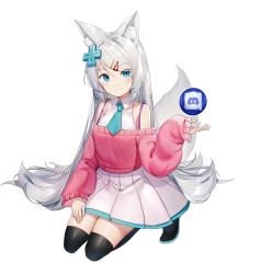 Rule 34 | 1girl, animal ear fluff, animal ears, black thighhighs, blue eyes, blue necktie, breasts, closed mouth, collared shirt, d-pad, d-pad hair ornament, discord logo, hair ornament, hairclip, highres, illian-san, kneeling, long hair, long sleeves, looking at viewer, meridian project, mizuki (vtuber), necktie, off-shoulder sweater, off shoulder, pink sweater, shirt, simple background, skirt, small breasts, smile, solo, sweater, tail, thighhighs, virtual youtuber, white background, white hair, white shirt, white skirt, wolf ears, wolf girl, wolf tail