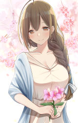 Rule 34 | 1girl, antenna hair, bad id, bad pixiv id, blue bow, blue jacket, blush, bow, braid, braided ponytail, breasts, brown eyes, brown hair, cherry blossoms, cleavage, collarbone, dress, earrings, flower, hair between eyes, hair bow, hair over shoulder, harukana (harukana 10), highres, holding, holding flower, idolmaster, idolmaster shiny colors, jacket, jewelry, kuwayama chiyuki, large breasts, looking at viewer, outdoors, petals, pink flower, short sleeves, single braid, smile, solo, upper body, v-neck, white dress