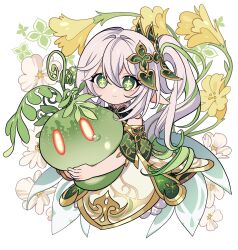 Rule 34 | 1girl, closed mouth, cropped legs, cross-shaped pupils, dress, flower, genshin impact, gold trim, green eyes, green hair, hair between eyes, hair ornament, highres, hug, leaf hair ornament, long hair, looking at viewer, meremero, multicolored hair, nahida (genshin impact), pointy ears, side ponytail, slime (genshin impact), smile, symbol-shaped pupils, tearing up, white background, white dress, white flower, white hair, yellow flower