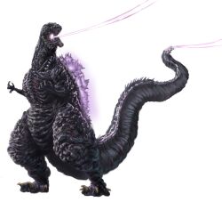 Rule 34 | absurdres, atomic breath, breath weapon, energy, energy beam, giant, giant monster, glowing, glowing spikes, godzilla, godzilla (series), godzilla (shin), highres, kaijuu, mouth beam, no humans, shin godzilla, simple background, spikes, tail, tail beam, toho, ultra-taf, white background