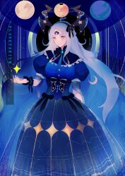 Rule 34 | 1girl, absurdly long hair, antlers, argyle, black bow, black bowtie, black hairband, black wristband, blue background, blue cape, blue capelet, blue dress, blue eyes, bow, bowtie, brooch, buttons, cape, capelet, closed mouth, collared capelet, commission, constellation print, corset, deviantart username, dress, english text, extra ears, frilled capelet, frilled wristband, frills, gold trim, hair bow, hairband, highres, horns, hoshi-pan, jewelry, layered dress, long dress, long hair, looking at hand, making-of available, moon, night, original, outstretched hand, planet, puffy short sleeves, puffy sleeves, short sleeves, smile, sparkle, star (sky), star (symbol), star brooch, star print, two-tone eyes, very long hair, waist bow, white hair, wrist bow, yellow eyes