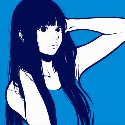Rule 34 | 1girl, arms up, black eyes, black hair, blue background, blue shirt, blue theme, blunt bangs, flat color, highres, long hair, miyoshi yoshimi, original, parted lips, shadow, shirt, simple background, solo