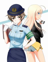 Rule 34 | 2girls, blonde hair, blue eyes, brown eyes, brown hair, clipboard, gloves, hanna-justina marseille, hat, highres, katou keiko, long hair, multiple girls, niki (t26gfaxt), pencil skirt, police, police uniform, policewoman, short shorts, shorts, skirt, strike witches, sunglasses, uniform, witches of africa, world witches series