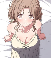 Rule 34 | 1girl, arimon (dfrgty12), arm support, bare shoulders, bed sheet, blush, bow, breasts, brown hair, cleavage, collarbone, dress, from above, hair bow, highres, ichikawa hinana, idolmaster, idolmaster shiny colors, jacket, large breasts, looking at viewer, smile, solo, white dress, white jacket