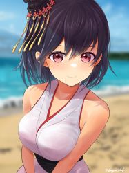 Rule 34 | 1girl, absurdres, bare shoulders, beach, black hair, blue sky, blurry, blurry background, breasts, collarbone, commentary request, dangan kurabu, hair ornament, highres, japanese clothes, kantai collection, kimono, large breasts, light blush, light smile, looking at viewer, obi, ocean, outdoors, red eyes, sash, short hair, sky, sleeveless, sleeveless kimono, solo, twitter username, upper body, white kimono, yamashiro (kancolle)