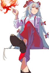 Rule 34 | 1girl, baggy pants, bow, brown footwear, buttons, collared shirt, crossed legs, fire, foot out of frame, from below, fujiwara no mokou, hair bow, hand up, highres, long hair, long sleeves, looking at viewer, pants, rasetsu001, red eyes, red pants, shirt, shoes, sidelocks, silver hair, simple background, sitting, sketch, solo, suspenders, touhou, very long hair, white background, white bow, white shirt