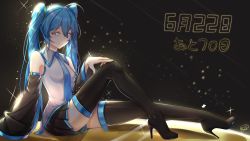 Rule 34 | 1girl, ahoge, arm support, bare shoulders, black background, black skirt, black sleeves, black thighhighs, blue eyes, blue hair, blurry, bokeh, boots, chinese commentary, commentary, dated, depth of field, detached sleeves, diffraction spikes, grey shirt, half-closed eyes, hand on own knee, hatsune miku, high heel boots, high heels, highres, knee up, long hair, looking at viewer, miniskirt, necktie, pleated skirt, shirt, sidelighting, sitting, skirt, sleeveless, sleeveless shirt, solo, sparkle, stiletto boots, stiletto heels, thigh boots, thighhighs, translated, twintails, very long hair, vocaloid, zettai ryouiki, zuiai gongzhu dianxia