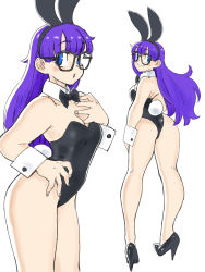 Rule 34 | 1girl, absurdres, animal ears, ass, black-framed eyewear, black bow, black footwear, black hairband, black leotard, black neckwear, blue eyes, blush, bow, bowtie, breasts, detached collar, dr. slump, fake animal ears, fake tail, from behind, full body, glasses, hairband, hand up, high heels, highres, leotard, long hair, multiple views, norimaki arale, parted lips, playboy bunny, purple hair, rabbit ears, rabbit tail, simple background, small breasts, smile, standing, strapless, strapless leotard, tail, toshinoshin, white background, wrist cuffs