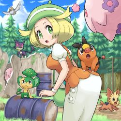 Rule 34 | 1girl, :d, :o, animal, animal on back, artistic error, bag, bianca (pokemon), blonde hair, blue sky, breasts, cloud, creatures (company), day, drum (container), eye contact, fence, flying, game freak, gen 5 pokemon, grass, green eyes, green hat, handbag, hat, leaning forward, lillipup, looking at another, looking back, munna, musharna, nintendo, open mouth, outdoors, pansage, pidove, pokemoa, pokemon, pokemon (creature), pokemon bw, puffy short sleeves, puffy sleeves, purrloin, rock, short sleeves, skirt, sky, smile, tepig, tree, white wristband, wristband