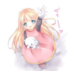 Rule 34 | 1girl, alouette (mega man), android, blonde hair, blue eyes, blush, cat, child, dress, from above, full body, gloves, illness1004, long hair, looking at viewer, mega man (series), mega man zero (series), pink dress, robot ears, smile, solo, stuffed animal, stuffed cat, stuffed toy, white background, white gloves