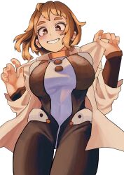 Rule 34 | 1girl, blush, bodysuit, boku no hero academia, breasts, brown eyes, brown hair, concentratedmdk, groin, highres, jacket, jacket partially removed, large breasts, looking at viewer, looking down, open clothes, open jacket, short hair, simple background, skin tight, smile, solo, teeth, tight clothes, undressing, uraraka ochako, white background