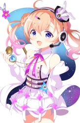 Rule 34 | 1girl, absurdres, alternate costume, alternate hairstyle, bare shoulders, dress, gochuumon wa usagi desu ka?, headset, highres, holding, holding pocket watch, hoto cocoa, long hair, looking at viewer, open mouth, orange hair, pocket watch, purple eyes, sakaki333, short dress, simple background, smile, solo, standing, twintails, watch, white background