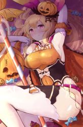 Rule 34 | 1girl, armpits, blonde hair, breasts, candy, dragalia lost, elisanne, food, garter straps, halloween costume, highres, ippers, jack-o&#039;-lantern, large breasts, long hair, official alternate costume, ponytail, red eyes