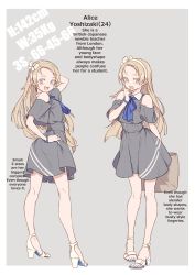 Rule 34 | 1girl, absurdres, bag, banned artist, bare legs, bare shoulders, blonde hair, blue eyes, blue neckwear, blush, bracelet, character name, character profile, dress, english text, forehead, grey dress, headband, high heels, highres, jairou, jewelry, long hair, looking at viewer, looking back, multiple views, open mouth, original, sandals, simple background, smile, standing, toeless footwear, tongue, tongue out, white footwear, yoshizaki alice (xil)