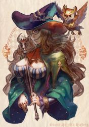Rule 34 | 1girl, bird, blonde hair, blue eyes, breasts, brown hair, cleavage, ascot, curly hair, fantasy, glasses, grand knights history, h@ruichi, hat, jewelry, large breasts, long hair, muse cromwell, owl, ring, scarf, scepter, wand, watermark, witch hat