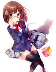 Rule 34 | 10s, 1girl, :o, animal ears, bag, bespectacled, between legs, black thighhighs, blazer, blue jacket, blush, book, bow, bowtie, brown hair, buttons, cat ears, cat tail, collared shirt, different shadow, dual persona, eyebrows, flower, glasses, green eyes, grey skirt, hair flower, hair ornament, hairpin, hand between legs, idolmaster, idolmaster cinderella girls, jacket, knees together feet apart, lens flare, loafers, long sleeves, looking at viewer, maekawa miku, nogi takayoshi, open book, parted lips, pleated skirt, red-framed eyewear, red bow, red bowtie, school bag, shirt, shoes, sitting, skirt, solo, tail, thighhighs, white shirt, zettai ryouiki