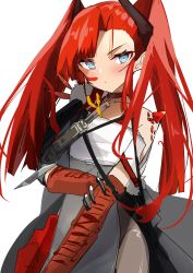 Rule 34 | 1girl, absurdres, arknights, blue eyes, blush, choker, dragon horns, highres, horns, kamiya mitobe, long hair, looking at viewer, material growth, oripathy lesion (arknights), red hair, simple background, sketch, solo, toddifons (arknights), twintails, upper body, white background