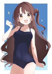 Rule 34 | 1girl, absurdres, blue one-piece swimsuit, breasts, brown eyes, brown hair, cowboy shot, highres, idolmaster, idolmaster cinderella girls, long hair, looking at viewer, medium breasts, one-piece swimsuit, one side up, penguin potof, school swimsuit, shimamura uzuki, solo, sparkle, swimsuit, thigh gap