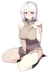 Rule 34 | 1girl, :o, ahoge, bare shoulders, barefoot, between legs, breasts, broken, broken chain, chain, cleavage, collar, detached sleeves, full body, grey hair, hair between eyes, hand between legs, hand on own chest, highres, kneehighs, large breasts, long hair, mendou kusai, open mouth, original, red eyes, seiza, simple background, sitting, slave, socks, solo, thick thighs, thighs, torn clothes, white background